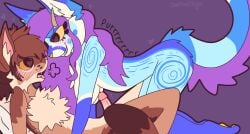 absurd_res anthro aroused blue_body blue_fur blush breasts breath cat/dog_hybrid chrysocolla_(opallinekitty) domestic_cat duo erection feldspar_(opallinekitty) felid feline felis female fur genitals grin hi_res horn hybrid male male/female mammal nude nude_anthro nude_female nude_male opallinekitty_(artist) panting penis purring romantic romantic_couple smile somali_cat yellow_eyes