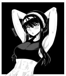 big_thighs big_titties black_and_white black_hair breasts clothing curvaceous curvaceous_female curvaceous_figure curvy curvy_figure curvy_hips female female_focus female_only gym gym_clothing looking_at_viewer monochrome rubber sakiend1 short_hair spy_x_family yor_briar