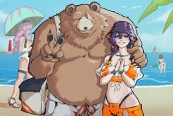 1boy 1girls 2girls alternate_breast_size alternate_version_available bear belle_(summer_skies)_(zenless_zone_zero) belle_(zenless_zone_zero) ben_bigger big_breasts bucket cleavage female fur hoyoverse large_breasts light-skinned_female light_skin mihoyo mihoyo_technology_(shanghai)_co._ltd. official_alternate_costume sagnokart scar scar_across_eye see-through see-through_clothing sfw short_hair short_twintails size_difference smile thiren v_sign vivian_banshee vivian_banshee_(iris_of_the_shore) zenless_zone_zero