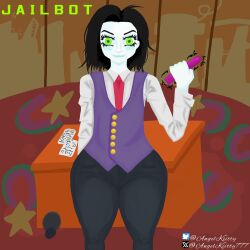 angel_kiitty ass big_ass big_butt black_hair butler butler_uniform curvaceous_figure curves curvy curvy_body curvy_figure curvy_male cyborg dominant_femboy dominant_male femboy femboy_focus femboy_only green_eyes implied_anal implied_penetration jailbot light-skinned_male light_skin male pale-skinned_male pale_skin purple_vest red_tie sex_toy superjail thick_ass thick_butt thick_hips thick_thighs vibrator white_shirt white_skin