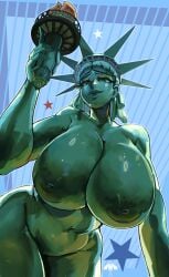 1girls 4th_of_july alamanderarts areolae big_breasts breasts busty female female_only giantess huge_breasts large_breasts looking_at_viewer looking_down macro massive_breasts nipples nude nude_female pov smile solo statue_of_liberty thick_thighs wide_hips