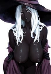 breasts cleavage dark_skin female hanging_breasts hat large_breasts long_hair looking_at_viewer nipples purple_eyes solo striped tagme white_hair witch_hat