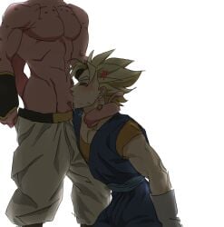 2boys blonde_hair dragon_ball dragon_ball_z fellatio gay linisthename majin_buu male male/male muscular_male oral penis pink_body pink_skin potara_earrings super_buu super_saiyan vegito yaoi