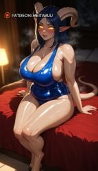 ai_generated bare_shoulders barefoot bed bedroom blizzard_entertainment blue_hair blue_one-piece_swimsuit blurry blurry_background blush breasts cleavage collarbone colored_sclera covered_navel curled_horns curvy draenei female fingernails full_body glowing glowing_eyes horns huge_breasts indoors lamp legs_together lips long_hair looking_at_viewer meitabuu on_bed one-piece_swimsuit parted_lips pillow plump pointy_ears red_lips school_swimsuit shiny_clothes shiny_skin sideboob sitting skindentation smile solo steaming_body sweat swimsuit tail taut_clothes thick_thighs thighs toenails warcraft world_of_warcraft yellow_eyes yellow_sclera