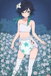 1boy ai_generated black_hair crop_top diaper diaper_fetish exhibitionism femboy field genshin_impact gradient_hair green_eyes green_hair male night outdoors smiling solo thigh_highs venti_(genshin_impact) wide_hips