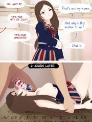 1girl1boy 3d 4th_of_july aacharsensei after_fellatio american_flag annoyed blue_eyes british brown_hair clothed_female_nude_male coat condom cum declaration_of_independence defeated dress dubious_consent english_text female instant_loss_2koma iris_(aacharsensei) kissing_penis light-skinned_female long_hair male medium_breasts national_personification necklace nipples on_back oral penis_awe text_bubble union_jack