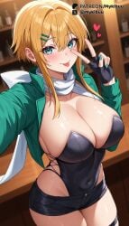 :p ai_generated asada_shino bar_(place) black_gloves black_leotard black_shorts blonde_hair blush breasts cleavage closed_mouth collarbone covered_navel cropped_jacket female fingerless_gloves gloves green_eyes green_jacket green_nails gun_gale_online hair_between_eyes hair_intakes hair_ornament hairclip hand_up heart highleg_leotard indoors jacket large_breasts leotard leotard_under_clothes long_sleeves looking_at_viewer mykibuu nail_polish open_clothes open_jacket scarf selfie short_hair_with_long_locks short_shorts shorts sidelocks sinon smile solo strapless strapless_leotard sword_art_online thigh_strap thighs tongue tongue_out v white_scarf