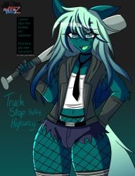 1boy 2025 airiin220 anthro baseball_bat bat bulge cyberairiin_(airiin220) femboy horse_race_tests long_hair long_hair_male male male_only open_mouth shorts tie truck_stop_highway