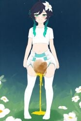 1boy ai_generated black_hair crop_top diaper diaper_fetish exhibitionism femboy field genshin_impact gradient_hair green_eyes green_hair night outdoors pee_puddle peeing peeing_self shitting shitting_diaper shitting_self smile smiling solo thigh_highs urine venti_(genshin_impact) wetting wetting_diaper wetting_self wide_hips
