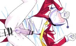 anal anal_sex anal_sex antennae_(anatomy) blush bottomless censored_penis colored deltarune deltarune_chapter_3 hand_on_face laying_on_bed lifted_shirt spread_legs suit suit_and_tie sweat tenna_(deltarune) tie tv_head undressing