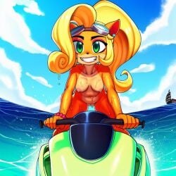 1girls ai_art ai_generated badendbat_(artist) blonde_hair breasts coco_bandicoot crash_(series) crash_bandicoot:_warped female furry furry_female furry_only green_eyes jet_ski jetski looking_forward naked naked_anthro naked_female nude nude_anthro nude_female ocean ocean_background small_breasts sole_female tagme thighs vehicle water wet wet_body wet_fur