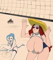 2girls ahoge alternate_costume animated annoyed areolae arm_tattoo ball beach beach_ball bikini blue-tinted_eyewear blue_hair bouncing bouncing_breasts braided_hair breast_cutout breast_size_difference breastless_clothes breasts breasts_out chibi comparison cute cyan_hair drawing envy erect_nipples female female_only flat_chest funny gif hiding hoop_earrings humor hyper hyper_breasts jealous jinx_(league_of_legends) jumping league_of_legends long_breasts long_hair miss_fortune nipples one-piece_swimsuit panties pool_party_miss_fortune pool_party_series pout red_hair riot_games sand stealth sun_hat sunglasses swimsuit teemo tinted_eyewear topless twin_braids volleyball zaun-derground