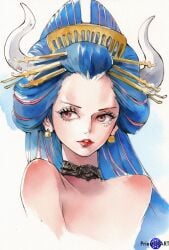 1girls ai_generated blue_hair choker close-up color earrings female female_only geisha horns jewelry lipstick multicolored_hair oiran one_piece portal priestofart simple_background solo solo_female tagme tagme_(artist) tagme_(character) ulti_(one_piece) watercolour_(artwork) watermark white_background