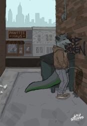 alley bodily_fluids brick city closed_eyes clothed clothing coffee_shop dumpster genital_fluids genitals graffiti hi_res male mammal mustelid otter partially_clothed peeing penis penis_tip road skyline solo street trash urine urine_stream wall_(structure) wild_strokes