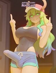 1futa 2025 ai_generated artist_name balls baseball_cap breasts bulge bust chest cleavage cock dick erection eyebrows_visible_through_hair futanari gradient_hair green_eyes green_hair hat hi_res high_quality high_resolution highres horns horns_through_headwear index_finger_raised intersex kobayashi-san_chi_no_maidragon long_hair lucoa middle_finger miss_kobayashi's_dragon_maid multicolored_hair novalust patreon patreon_username penis pointing pointing_at_self pointing_at_viewer pointing_up shorts solo stable_diffusion testicles thumbs_up watermark