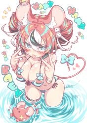 :3 :p bikini black_nails blush double_w dutch_angle english_text from_above gesture hakos_baelz heart hololive large_breasts looking_at_viewer notice_lines partially_submerged smug text virtual_youtuber water