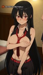 2girls ai_generated akame_(akame_ga_kill!) akame_ga_kill! areola_slip bare_shoulders bed bedroom belt belt_buckle black_hair black_shirt black_skirt blush breasts buckle closed_mouth collarbone collared_shirt covering_breasts covering_nipples covering_privates female hair_between_eyes indoors large_breasts long_hair looking_at_viewer meitabuu miniskirt multiple_girls navel necktie no_bra pleated_skirt red_belt red_eyes red_necktie shirt shirt_lift skirt sleeveless sleeveless_shirt smile solo_focus stomach straight_hair sweat very_long_hair
