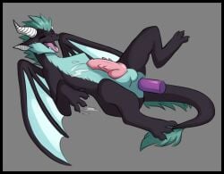 3_toes 4_fingers anal anal_masturbation anthro balls black_body black_border black_claws bodily_fluids border claws cum cum_on_self dildo dragon feet fingers genital_fluids genitals grey_background hair hi_res horn looking_pleasured lying male masturbation multicolored_body mythological_creature mythological_scalie mythology non-mammal_balls on_back open_mouth penis pink_penis purple_tongue scalie sex_toy shaded simple_background solo tail tail_tuft teal_balls teal_hair teeth toes tongue tongue_out tuft white_horn wings yukiin