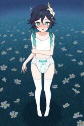 1boy ai_generated black_hair blush crop_top diaper diaper_fetish embarrassed exhibitionism femboy field genshin_impact gradient_hair green_eyes green_hair male night outdoors panicking solo surprised thigh_highs venti_(genshin_impact) wide_hips