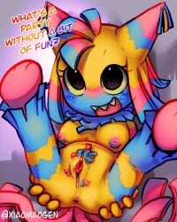 animate_inanimate anus bodily_fluids breasts dandy's_world female genital_fluids hi_res living_pinata looking_at_viewer multi_tail multicolored_body pinata presenting presenting_vulva roblox solo spread_legs spreading tail vaginal_fluids vulva xiaomaogen yatta_(dandy's_world)