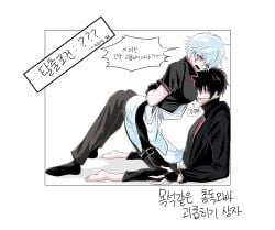 1boy 1girls arms_behind_back blush bondage both_sexes_in_same_situation breasts canon_genderswap embarrassed face_in_breasts female full_body fully_clothed gag gagged genderswap_(mtf) ginko_sakata gintama gintoki_sakata korean_text male official_alternate_costume red_eyes restrained rule_63 short_hair sweat takasugi_shinsuke time_paradox udi_ee white_hair