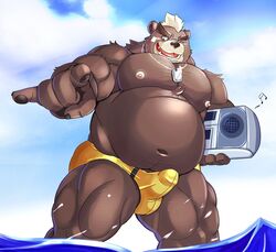 ashigara beach belly big_belly bulge clothing erection gohgw1 jewelry male male_only mammal mohawk musclegut necklace nipples pecs seaside slightly_chubby solo speedo stereo swimsuit tenting thick_thighs tokyo_afterschool_summoners ursine