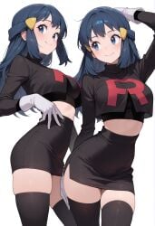 1girls ai_generated blue_hair breasts crop_top dawn_(pokemon) female gloves nintendo owari_wan pokemon pokemon_dppt tagme team_rocket team_rocket_uniform