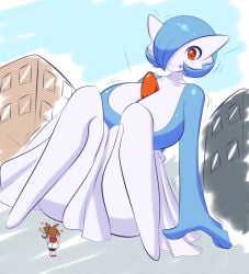 2015 2d 2d_(artwork) 2d_artwork 2girls blue_hair breasts building city covering_crotch furry furry_female game_freak gardevoir giant_fairy giant_female giantess gigantification hair_covering_eye hair_over_one_eye jcdr large_breasts larger_female lucy_(jcdr) macro may_(pokemon) nintendo oc oops original_character pokemon pokemon_(species) red_eyes sfw shiny_pokemon sitting size_difference smaller_female smile thick_thighs tongue_out video_games white_skin wide_hips