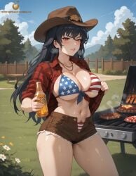 4th_of_july ai_generated american_flag american_flag_bikini beer big_breasts bikini bikini_bottom bikini_top bikini_under_clothes black_hair clothed female female_pubic_hair flannel flannel_shirt flashing flashing_panties large_breasts long_hair milf open_clothes open_shirt pubes pubic_hair raven_branwen red_eyes rwby short_shorts shorts solo solo_female solo_focus tagme twistedpeach underwear