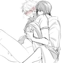 2boys blush bottomless from_behind gay gintama gintoki_sakata groping groping_from_behind implied_sex kimono kuro_tk_gn male male_only monochrome no_visible_genitalia shirt_lift shirt_up side_view sitting spot_color sweat takasugi_shinsuke yaoi