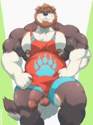 2022 absurd_res anthro areola artist_name balls barazoku bear beard biceps big_muscles big_pecs big_penis biped body_hair chest_tuft clothed clothed_anthro clothed_male clothing colored facial_hair fingers flaccid front_view genitals glans hair hairy_balls hi_res humanoid_genitalia humanoid_hands humanoid_penis looking_at_viewer looking_down male mammal musclegut muscles muscular muscular_anthro muscular_arms muscular_legs muscular_male nipples orange_eyes orange_hair pecs penis penis_poking_out pinup portrait pose shaded shadow shirt short_hair smile solo tank_top teeth text three-quarter_portrait topwear tuft tylerstark vein veiny_muscles veiny_penis