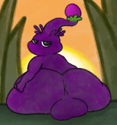 anus ass backsack balls bedroom_eyes big_balls big_butt bodily_fluids digital_media_(artwork) elemental_creature flora_fauna genitals grass hi_res huge_butt looking_at_viewer looking_back male musk musk_clouds musky_butt narrowed_eyes nintendo overweight overweight_male pikmin pikmin_(species) pincoosh plant purple_body purple_pikmin rear_view seductive signature sitting solo spread_butt spreading sunset sweat sweaty_butt