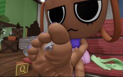 1boy 1girls :3 bassie_(dandy's_world) brown_skin dandy's_world enjoying feet feet_tease female foot_crush foot_fetish foot_grab foot_play foot_tease giantess male miniboy miniboy_on_feet purple_toenails size_difference smaller_male smothering soles soles_fetish squashing squeezing squish teasing tiny_male tired_eyes toes