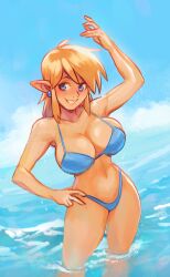 bikini blonde_hair blue_bikini blue_eyes blue_sky breasts cleavage earrings elf female grin hand_on_hip jewelry large_breasts link looking_at_viewer navel ocean pointy_ears rule_63 smile solo standing swimsuit tagme wading water