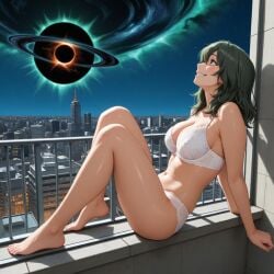 ai_generated anime ass ass balcony big_ass big_breasts black_eyes black_hole boku_no_hero_academia breasts city cityscape curvy_figure green_hair isogil my_hero_academia night night_sky setsuna_tokage sharp_teeth skyscraper starry_sky tokage_setsuna underwear white_bra white_panties white_underwear