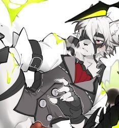 1boy animal_ears animal_penis ascot black_gloves blush claws colored_tips cropped english_commentary ethereal_(zenless_zone_zero) eyepatch fingerless_gloves furry furry_male gloves grey_vest highres male male_focus multicolored_hair paid_reward_available penis penis_peek red_ascot shirt shoko_contane sweat vest von_lycaon white_background white_shirt wolf_boy wolf_ears zenless_zone_zero