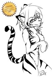 2007 anthro cute_fangs feline female looking_at_viewer mammal monochrome monoth navel nude pussy solo tiger