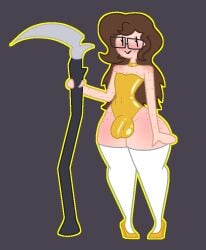 1boy 1femboy big_penis blush bulge choker femboy freckles freckles_on_face freckles_on_shoulders freckles_on_thighs glasses heels hourglass_figure looking_at_viewer male oc outline solo thick_thighs thighhighs tight_clothing weapon wide_hips wynflex