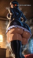 ai_generated ass ass_focus black_dress black_hair black_thighhighs blue_eyes blunt_bangs blurry blurry_background boots breasts chest_of_drawers closed_mouth curtains curvy dress female from_behind from_below huge_ass indoors lamp large_breasts long_hair long_sleeves looking_back medium_hair meitabuu nico_robin one_piece parted_lips patreon_username shiny_skin short_dress skindentation solo standing steam steaming_body sweat thick_thighs thigh_boots thighhighs thighs underbutt window