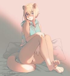 animal_ears artist_name bangs bare_legs barefoot blonde_hair blue_eyes blush feet female full_body furry hood hood_down hoodie looking_at_viewer pillow short_hair signature sitting sleeveless sleeveless_hoodie sleeveless_shirt soles solo tagme tail toes