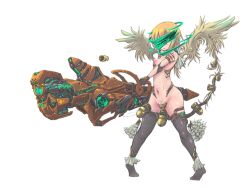 ammunition_belt angel angel_wings bare_shoulders black_thighhighs breasts closed_mouth expressionless feathered_wings female game_cg green_eyes green_halo green_visor hair_between_eyes halo holding holding_weapon huge_weapon large_variant_set medium_hair mon-musu_quest! mon-musu_quest:_paradox navel no_shoes orange_hair pussy pussy_juice sandalphon_(mon-musu_quest!) small_breasts standing thighhighs variant_set weapon wings xelvy