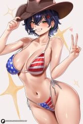 1girls 4th_of_july american_flag_bikini big_breasts bikini blush cowboy_hat female female_focus female_only green_eyes huge_breasts independence_day large_breasts light-skinned_female light_skin peace_sign purple_hair short_hair simple_background solo solo_focus top_heavy video_games voluptuous voluptuous_female wide_hips zenless_zone_zero
