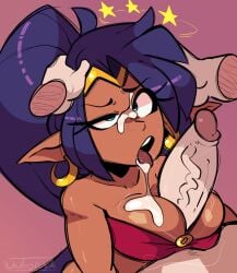 1boy 1girls cum cum_on_breasts cum_on_face dazed disembodied_hand dizzy earrings female head_grab hoop_earrings long_hair male paizuri pointy_ears ponytail purple_hair shantae shantae_(character) uuforya wayforward