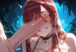 1boy 1girls ai_generated animal_print bangs bare_shoulders bikini black_choker blush breasts choker clavicle cleavage clothed_female_nude_male clothing collarbone curvaceous curvaceous_female curvaceous_figure curvy curvy_figure earrings erection erza_scarlet exhibitionism fairy_tail female female female_focus grin heart heart_choker huge_cock jewelry large_breasts large_penis light-skinned_female long_hair male miyuai nipples nude outdoor_nudity outdoor_sex outdoors outside outside_sex penis penis_awe penis_on_face penis_over_eyes precum print_bikini red_hair saliva smile solo_focus straight sweat swimsuit teeth testicles trembling twitching_penis veins veiny_penis voluptuous voluptuous_female water