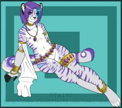 animal_ears anklet barefoot bracelet furry grey_skin jewelry necklace otoko_no_ko purple_eyes purple_hair sitting smile solo tail