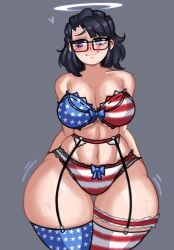 1girls american_flag angel_girl ass bare_shoulders black_hair blue_eyes blush bra breasts child_bearing_hips cleavage commission digital_media digital_media_(artwork) doocen edit edited female female_only frills gabriel_(helltaker) garter_belt glasses gonzalo_costa helltaker hip_wiggle hips_wider_than_shoulders lace lace-trimmed_bra lace-trimmed_panties lace-trimmed_thighhighs large_breasts lingerie panties pinup sheepish_grin short_hair sole_female thick_thighs thighhighs underwear wide_hips