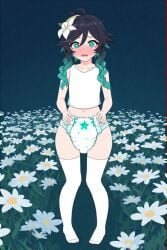1boy ai_generated black_hair blush crop_top diaper diaper_fetish embarrassed exhibitionism femboy field genshin_impact gradient_hair green_eyes green_hair male night outdoors panicking solo surprised thigh_highs venti_(genshin_impact) wide_hips