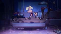blonde_hair cow_girl dark_skin eating_food female food horns laying_down rayman sushi tagme