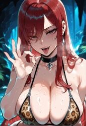 1girls ai_generated animal_print bangs bare_shoulders bikini black_choker blush breasts brown_eyes choker clavicle cleavage clothing collarbone curvaceous curvaceous_female curvaceous_figure curvy curvy_figure earrings erza_scarlet exhibitionism fairy_tail fellatio_gesture female female female_focus female_only grey_eyes huge_breasts jewelry large_breasts leopard_print lips long_hair looking_at_viewer miyuai naughty_face navel open_mouth oral_invitation outdoor_nudity outdoor_sex outdoors outside outside_sex presenting_mouth print_bikini print_swimsuit red_hair saliva smile solo sweat swimsuit thighs tongue tongue_out upper_body voluptuous voluptuous_female water wet