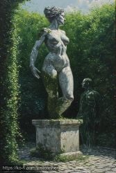 1boy 1girls abs ai_generated alien blue_sky breasts breasts_apart brick_floor cleft_of_venus cloud colored_skin completely_nude dated day female fine_art forest full_body ghost giant grey_skin hair_bun invisible invisible_male ivy leaf looking_at_another medium_breasts moss muscular nature navel nipples nude outdoors overgrown path pavement plant profile pussy realistic scenery short_hair signature single_hair_bun sky solo standing statue stone_body sunlight thighs tile_floor tiles tree uncensored updo vines walking watermark wide_shot